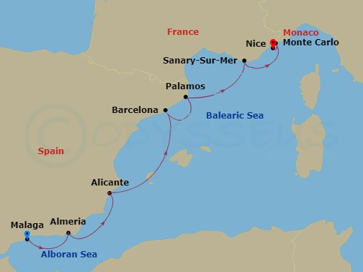 itinerary map of 7-Night Southern Spain & The French Riviera Cruise