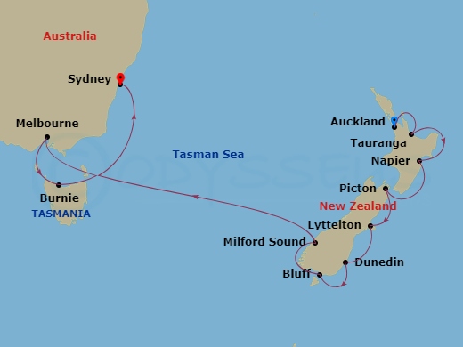 14-night Kiwi & Aussie Majesty Voyage Itinerary Map
