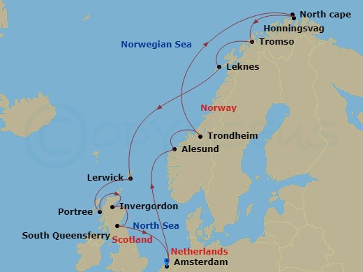 itinerary map of 14-night North Cape & The Midnight Sun Cruise