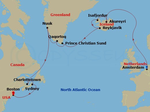 16-night Iceland & Greenland Cruise Itinerary Map