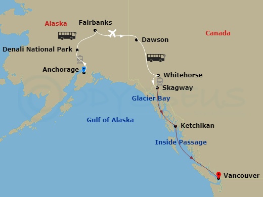 12-night Yukon+Denali Cruisetour Y4L Itinerary Map