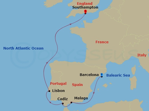 7-night Barcelona To Southampton Cruise Itinerary Map