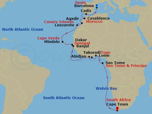 25-night West African Wonders Cruise Itinerary Map