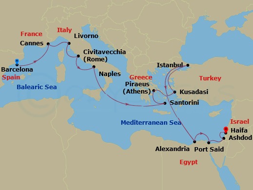 15-night Mediterranean Cruise Itinerary Map