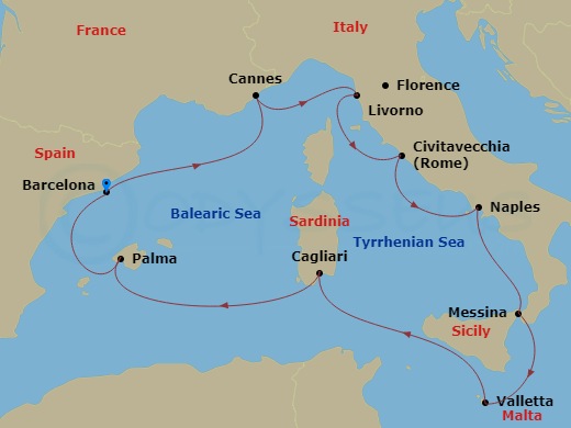 10-night Mediterranean: Italy, France & Spain Cruise Itinerary Map
