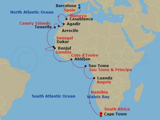 21-night Africa Cruise Itinerary Map