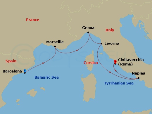 7-night Mediterranean Cruise From Barcelona Ending In Civitavecchia Itinerary Map