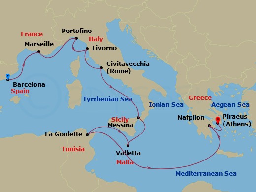 itinerary map of 11-night Mediterranean Tapestry Cruise