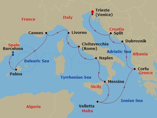 11-nigh Mediterranean: Italy, France & Greece Cruise Itinerary Map