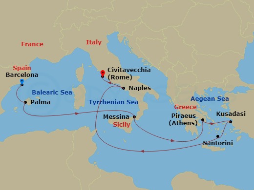 10-night Grand Mediterranean Cruise Itinerary Map