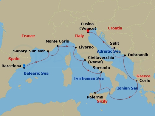 itinerary map of 12-night Majesty Along The Amalfi Coast Cruise