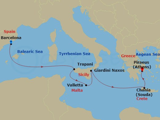 itinerary map of 8-night A Journey to Soulful Sicily and Southern Greece Cruise