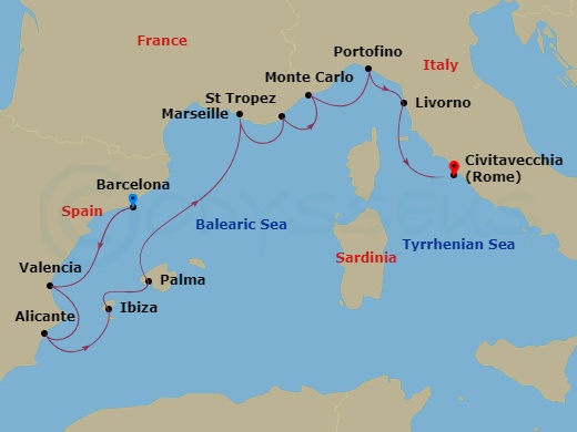10-night Radiant Spain & Italy Voyage Itinerary Map
