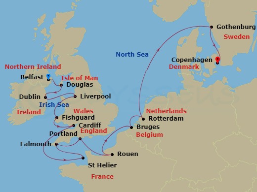 16-night British Isles and Northern Europe Cruise Itinerary Map