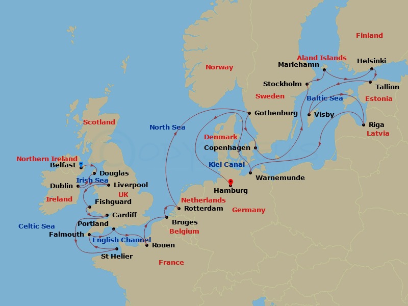 28-night British Isles and Scandinavia Cruise Itinerary Map