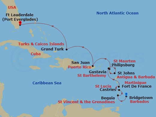 itinerary map of 11-night Caribbean Cruise