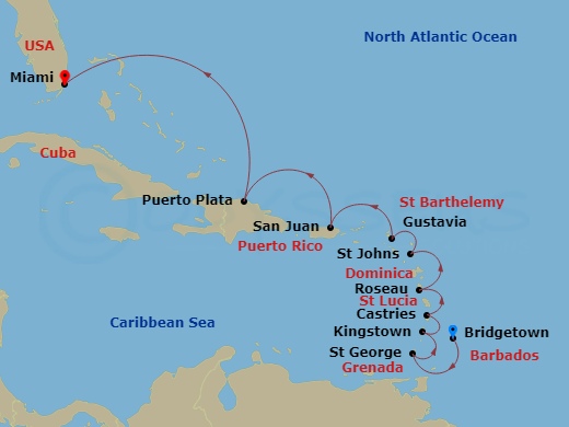 10-night Caribbean Chorus Voyage Itinerary Map