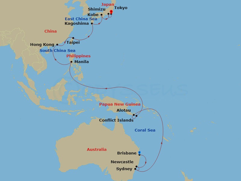 26-night Asia & Australia Cruise Itinerary Map