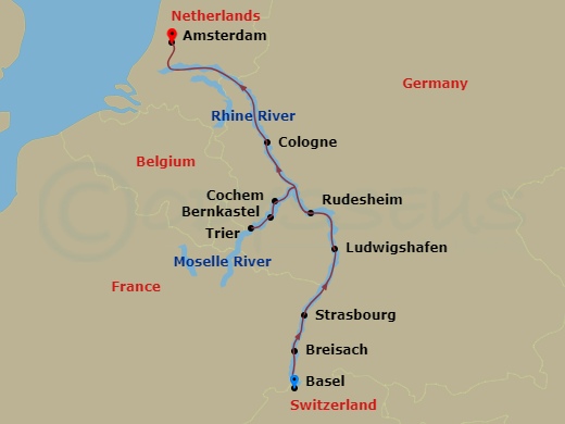 10-night Rhine and Moselle Delights Christmas Cruise Itinerary Map