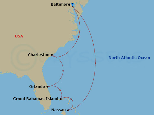 8-night Southeast Coast & Bahamas Cruise Itinerary Map