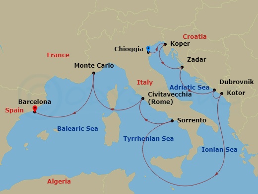 itinerary map of 10-night Adriatic & Mediterranean Gateways Voyage