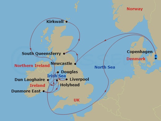 itinerary map of 14-night Britain, Scotland & Ireland Cruise