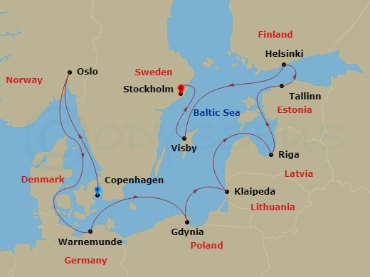 10-night Baltic: Germany, Sweden & Poland Cruise Itinerary Map
