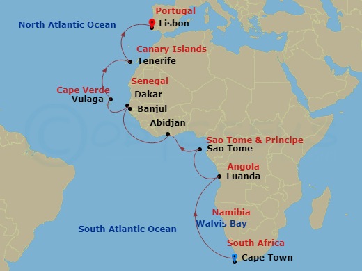 18-night Africa Cruise Itinerary Map