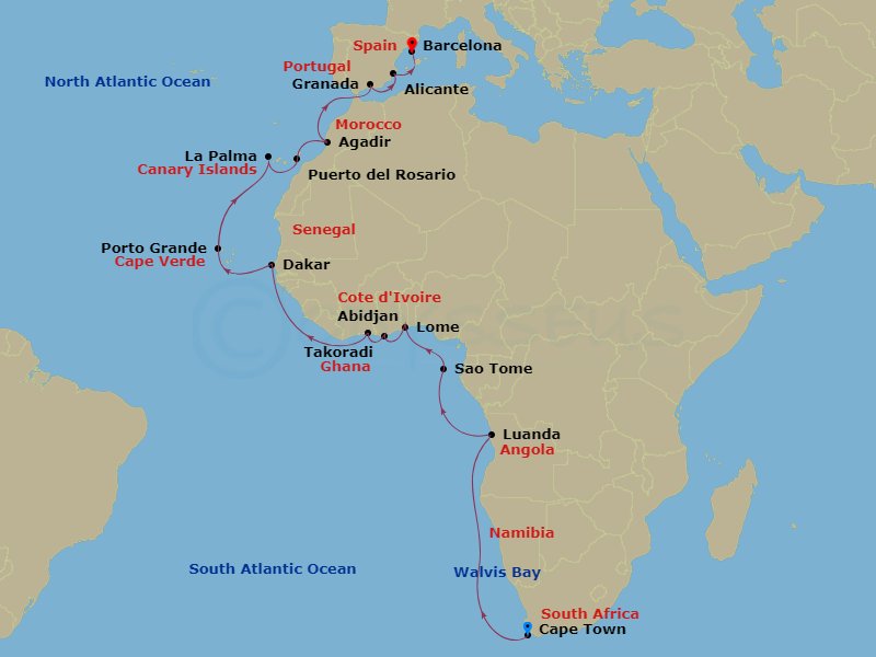 26-night Africa Navigator Voyage Itinerary Map