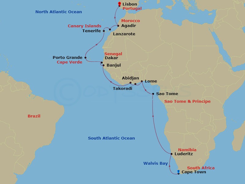 itinerary map of 24-night Ivory to Iberia Voyage