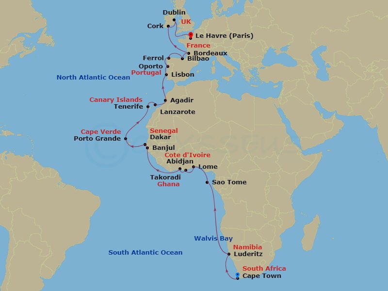 34-night Atlantic Africa and Europe Voyage