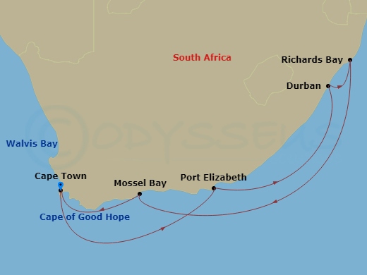 itinerary map of 12-night South Africa Spotlight Voyage
