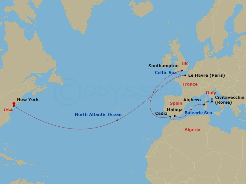 15-night Transatlantic Crossing And Mediterranean Highlights Cruise Itinerary Map