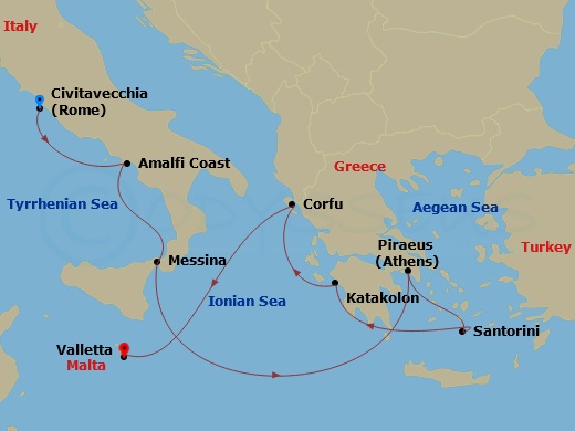 9-night Exquisite Mediterranean Cruise Itinerary Map