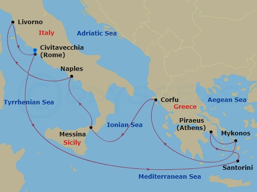 9-night Greek Isles:  Santorini, Athens & Florence Cruise Itinerary Map