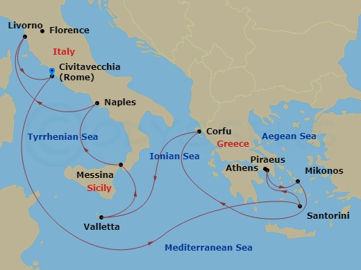 10-night Greek Isles: Santorini, Athens & Florence Cruise Itinerary Map