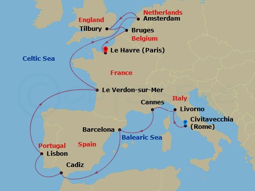 13-night Europe: Italy, France, Spain & England Cruise Itinerary Map