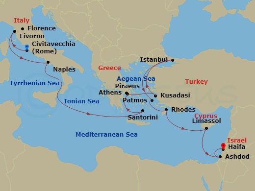 12-night Mediterranean: Italy, Greece & Turkey Cruise Itinerary Map