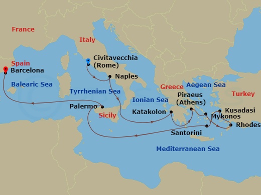12-night Greek Isles, Italy & Turkey Cruise Itinerary Map