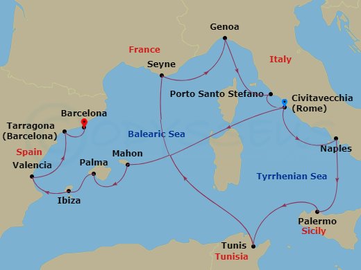 16-night Mediterranean Cruise Itinerary Map