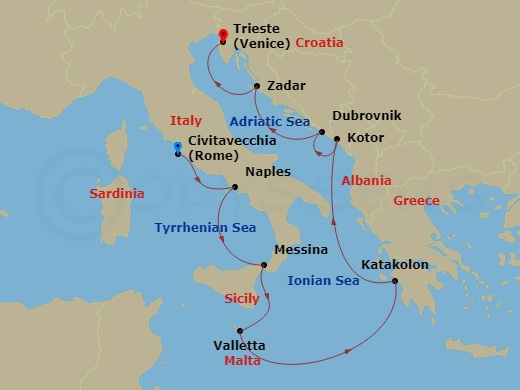 10-night Italy, Croatia & Greece Cruise Itinerary Map