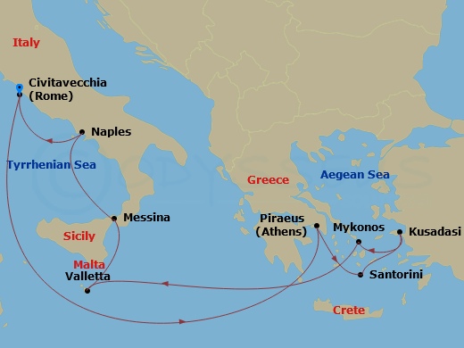 12-night Mediterranean With Greek Isles Cruise From Civitavecchia Ending In Barcelona Itinerary Map