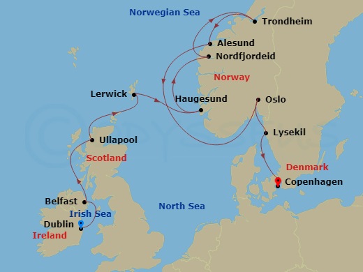 itinerary map of 11-night Nordic Fjords Voyage