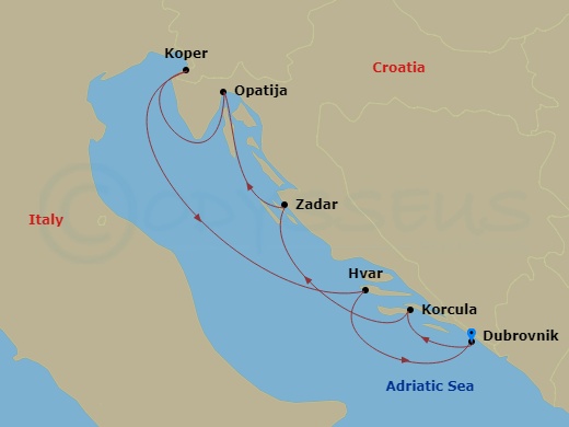 itinerary map of 7-night Jewels Of The Dalmatian Coast Cruise