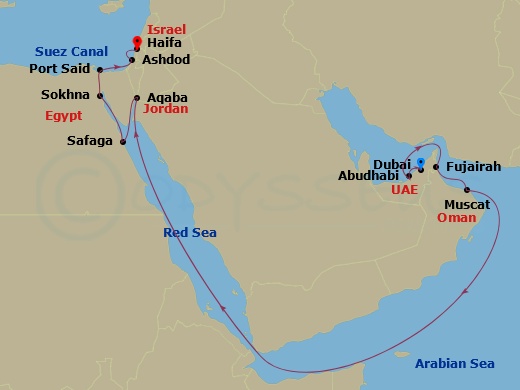 16-night Africa: Egypt, Jordan, Israel & Oman Cruise Itinerary Map