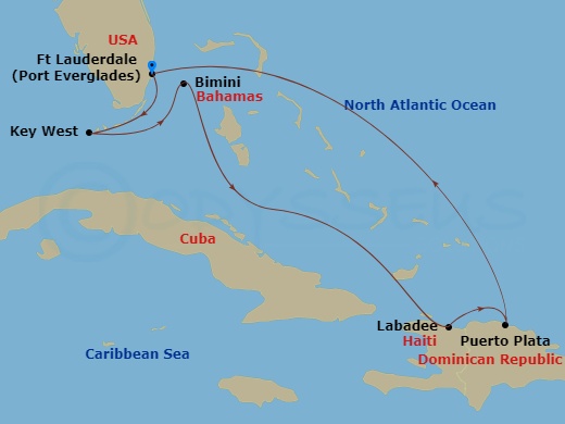 7-night Key West, Bimini, Labadee Cruise Itinerary Map