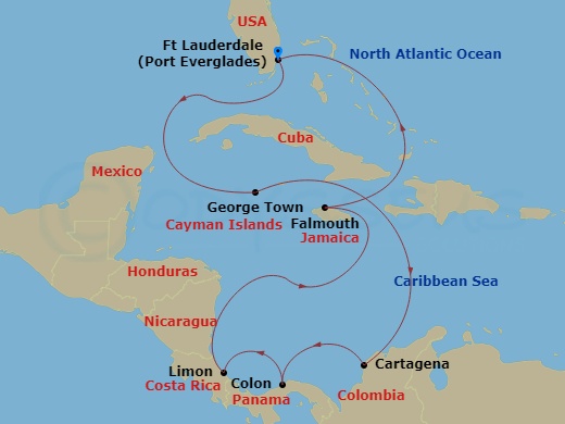 10-night Panama Canal With Costa Rica & Caribbean Cruise Itinerary Map