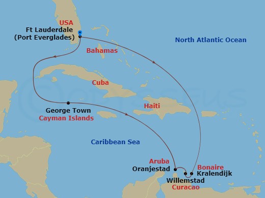 9-night Aruba, Curacao & Bonaire Cruise Itinerary Map