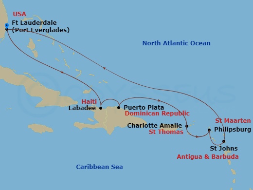 9-night Labadee, US Virgin Islands & Antigua Cruise Itinerary Map