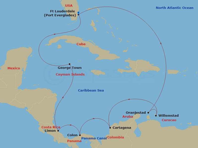 12-night Panama Canal With Costa Rica & Caribbean Cruise Itinerary Map